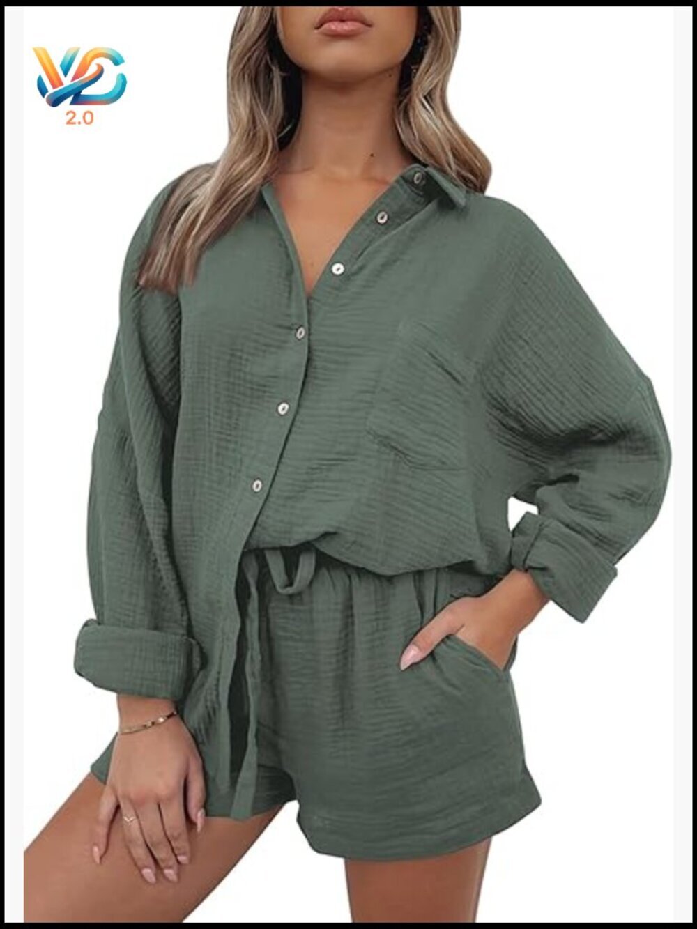 Womens 2 Piece Lounge Set Oversized Button Down Shirt & Shorts Pajama Set